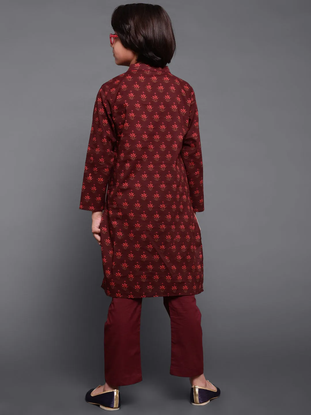 Boy's Maroon Floral Print Kurta With Pyjama - Aks Boys