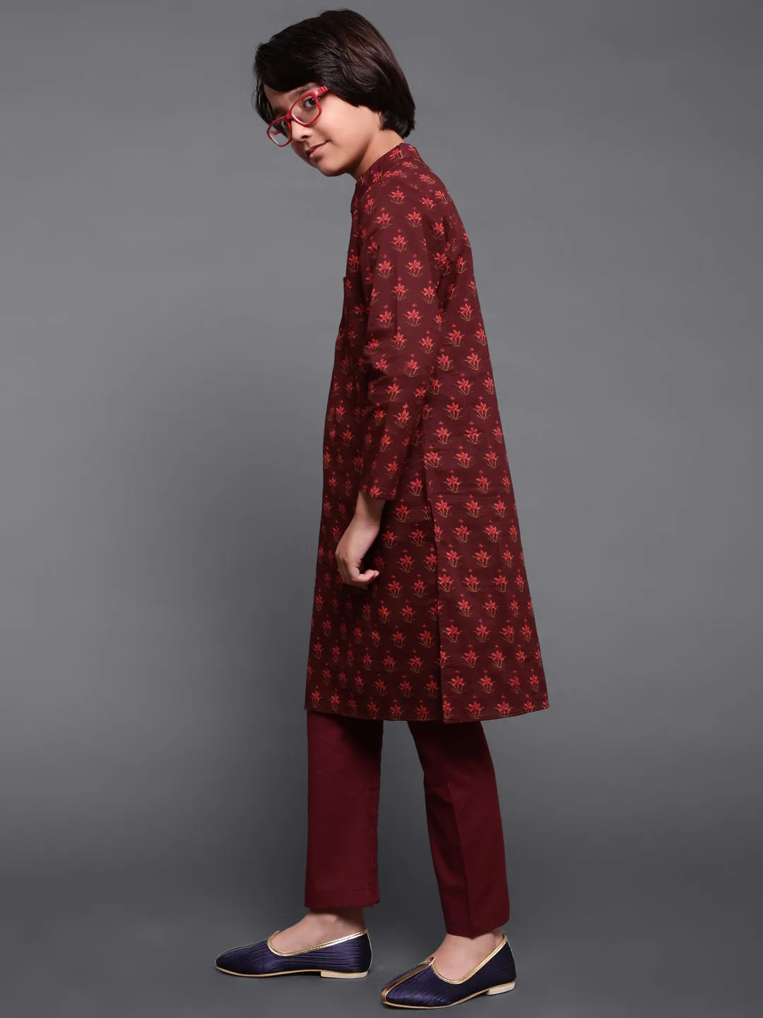 Boy's Maroon Floral Print Kurta With Pyjama - Aks Boys