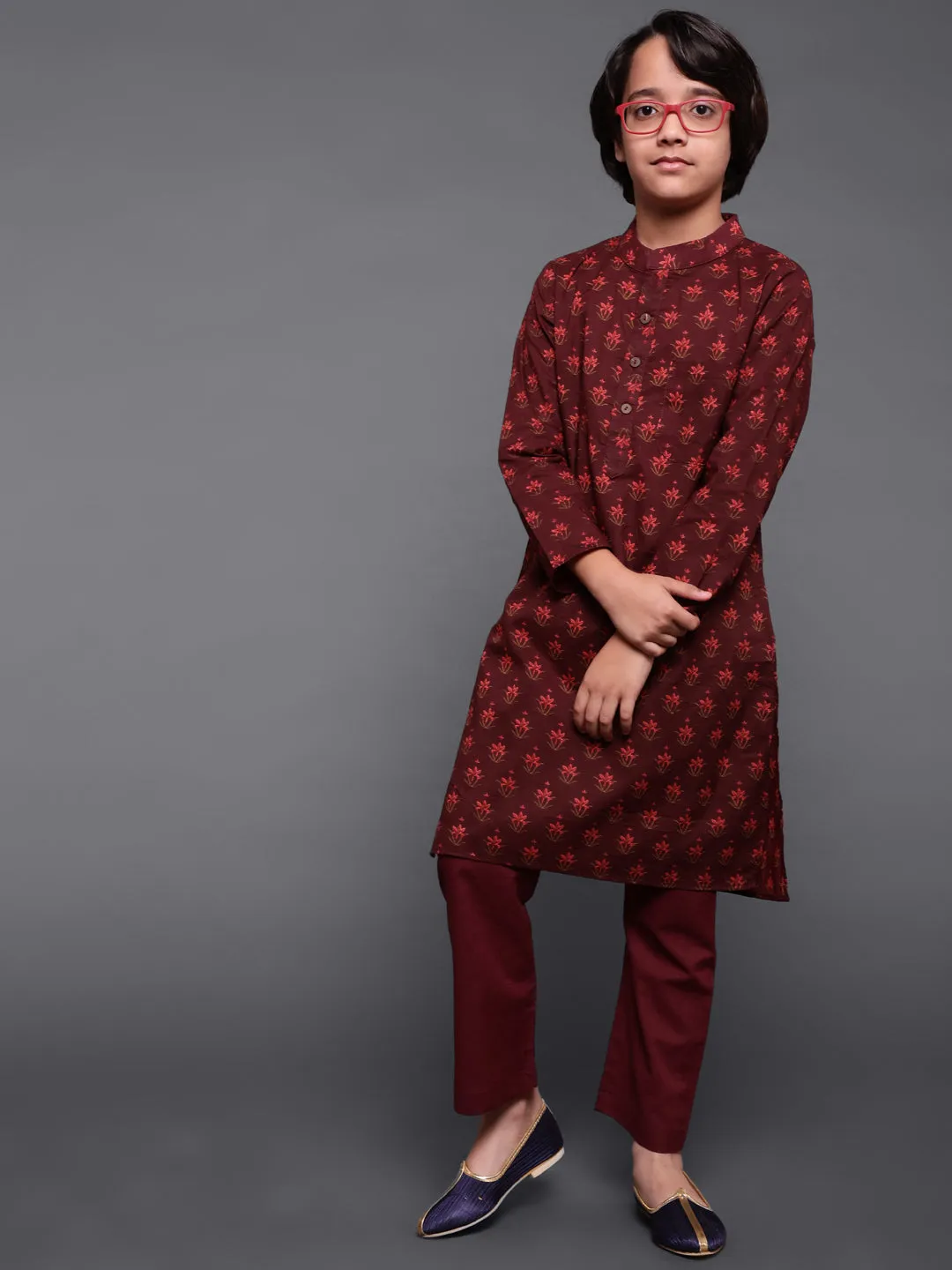 Boy's Maroon Floral Print Kurta With Pyjama - Aks Boys