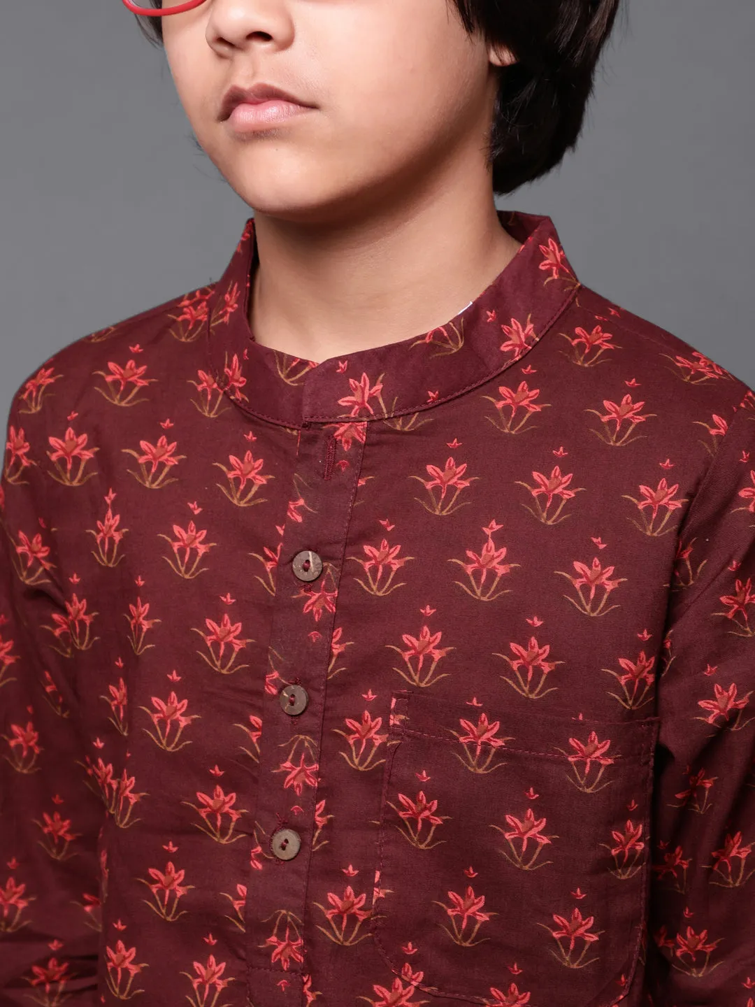 Boy's Maroon Floral Print Kurta With Pyjama - Aks Boys