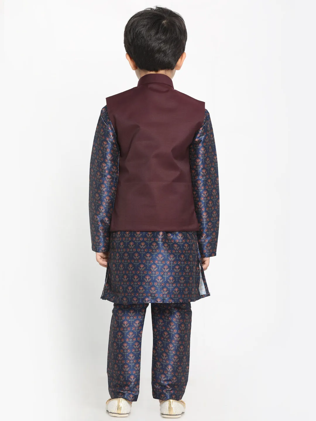 Boy's Multicolor-Base-Blue Silk Blend Jacket, Kurta And Pyjama Set - JBN Creation
