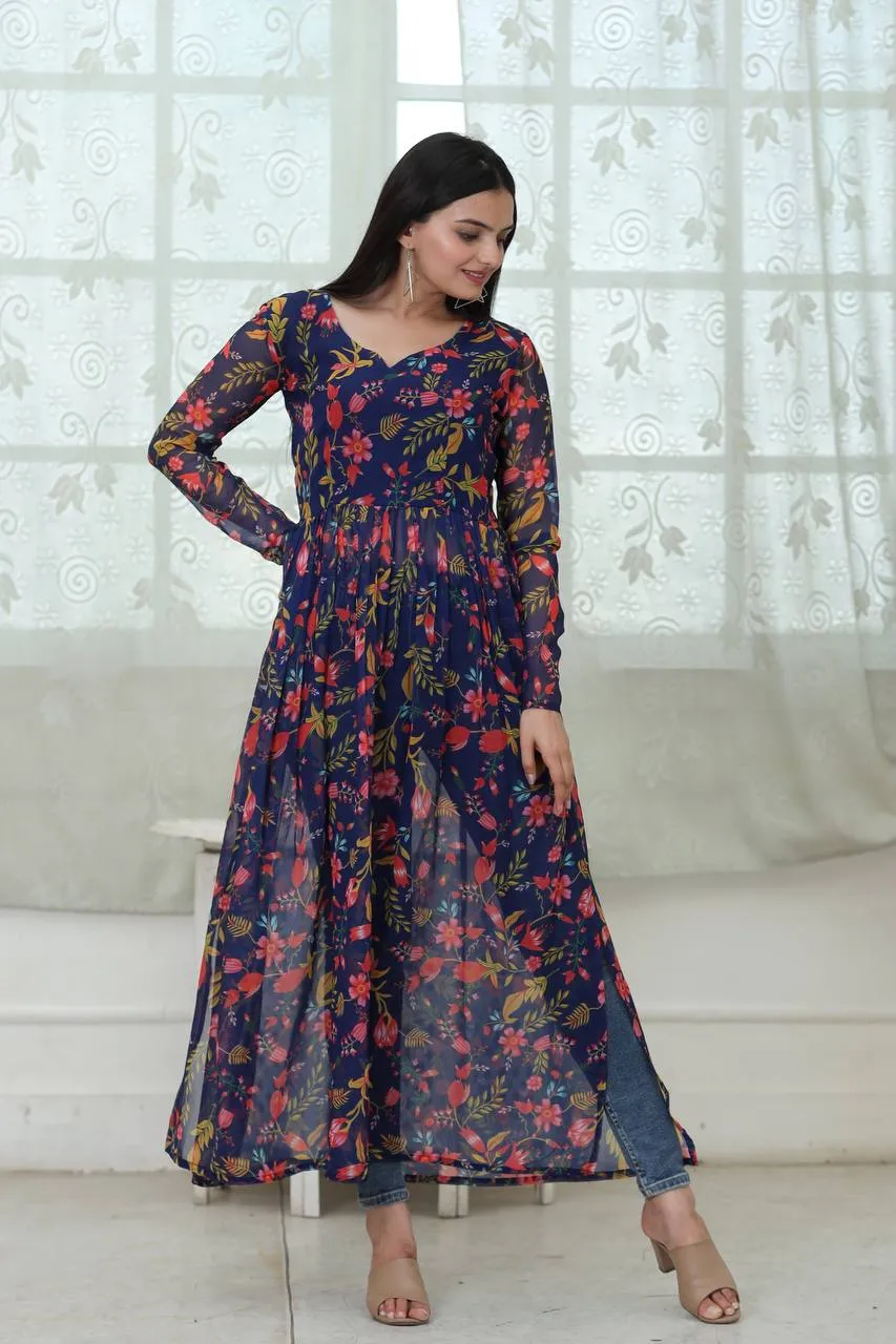 Casual Wear Digital Print Navy Blue Color Kurti