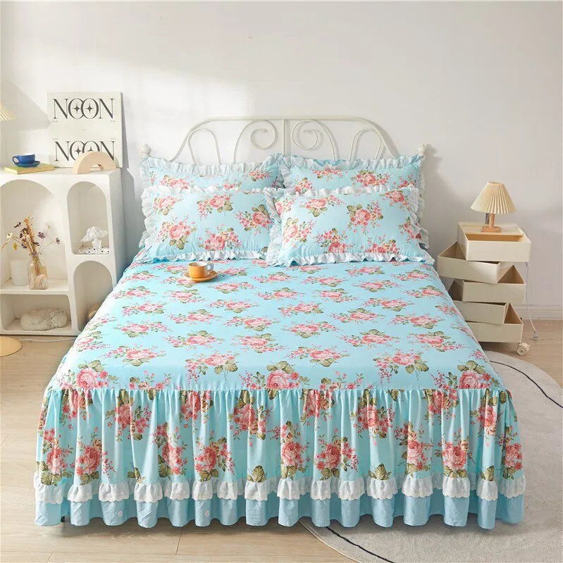 Cotton Lace Bed Skirt with Non-slip Bedspread for King Size Beds