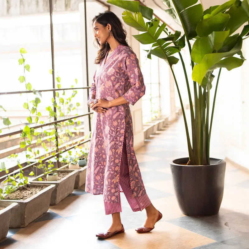 Cotton Printed Kurta Set | Purple | Straight Fit