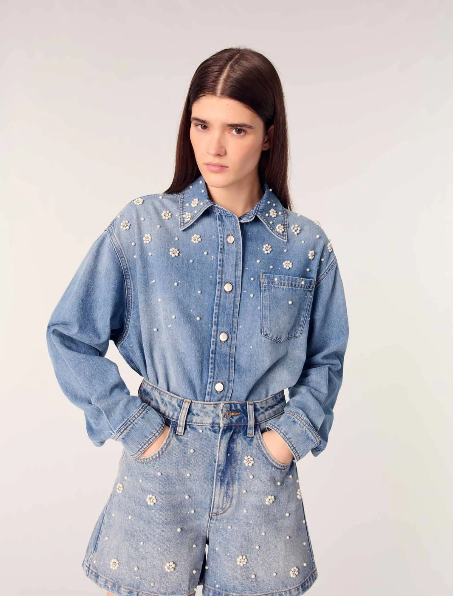 Denim shorts with embroidered beads