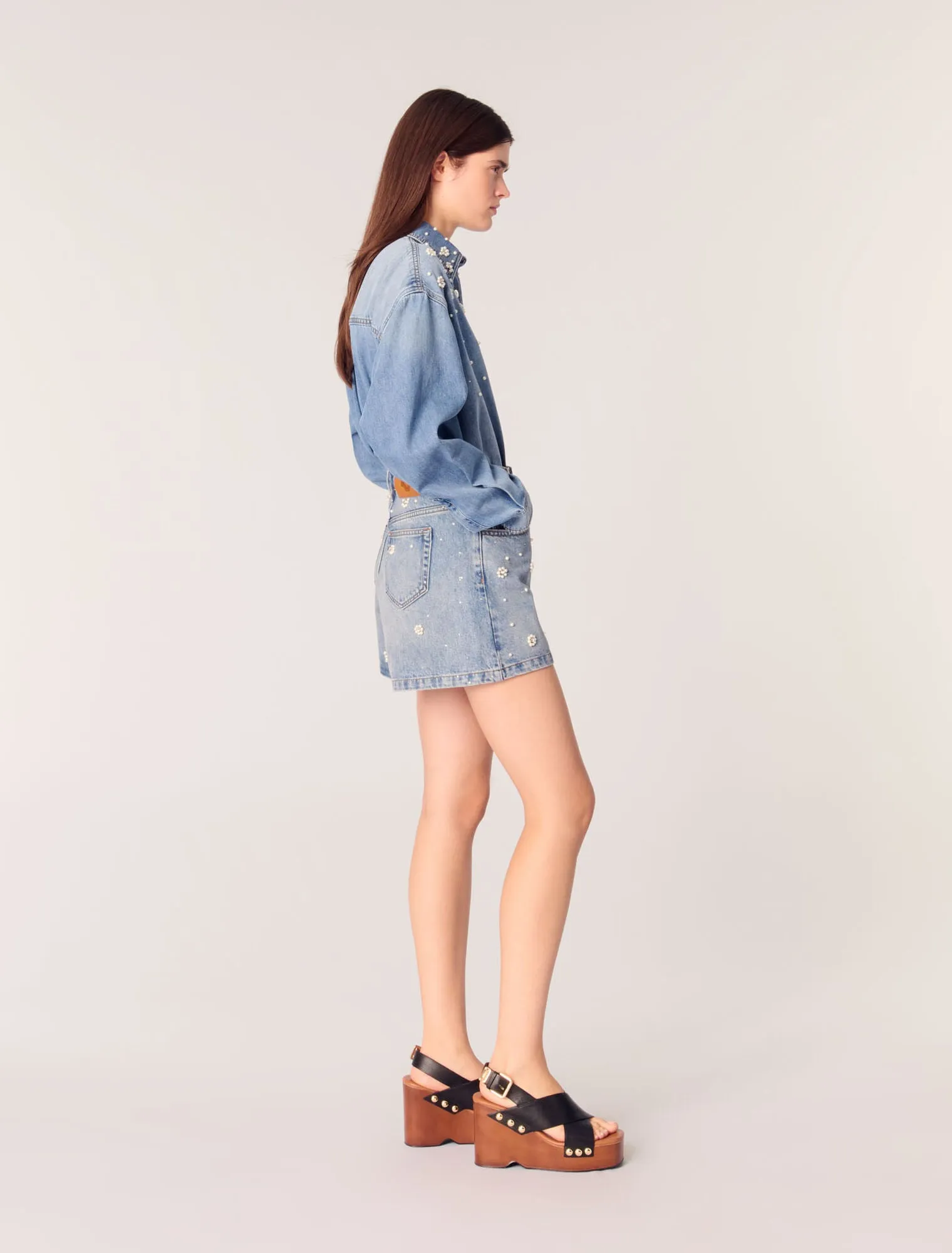 Denim shorts with embroidered beads