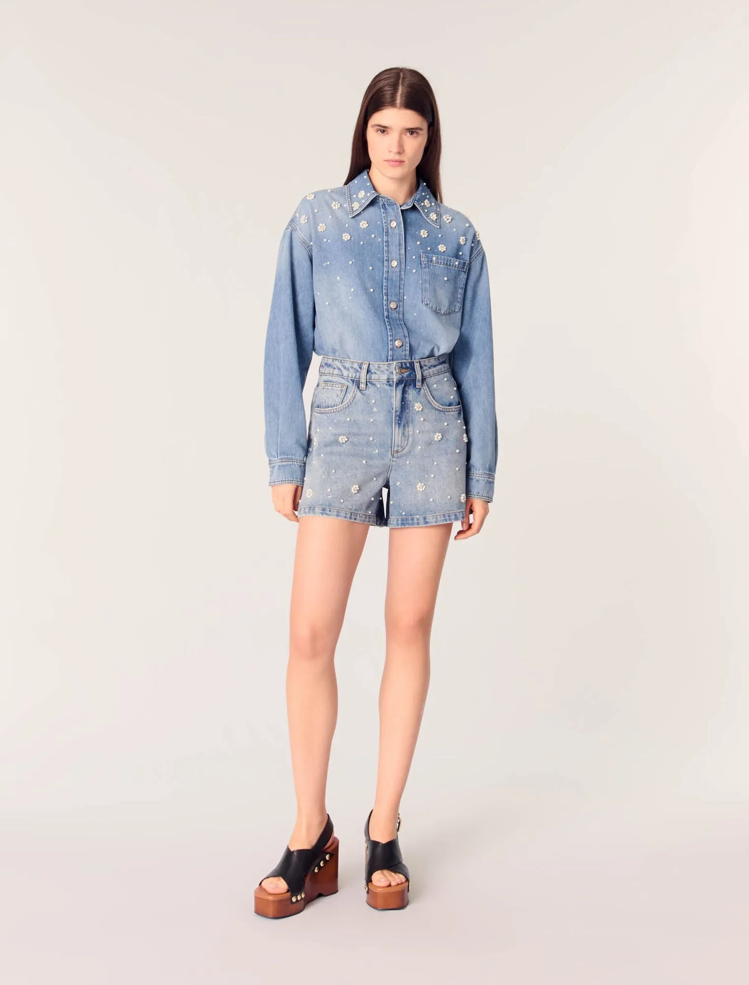 Denim shorts with embroidered beads
