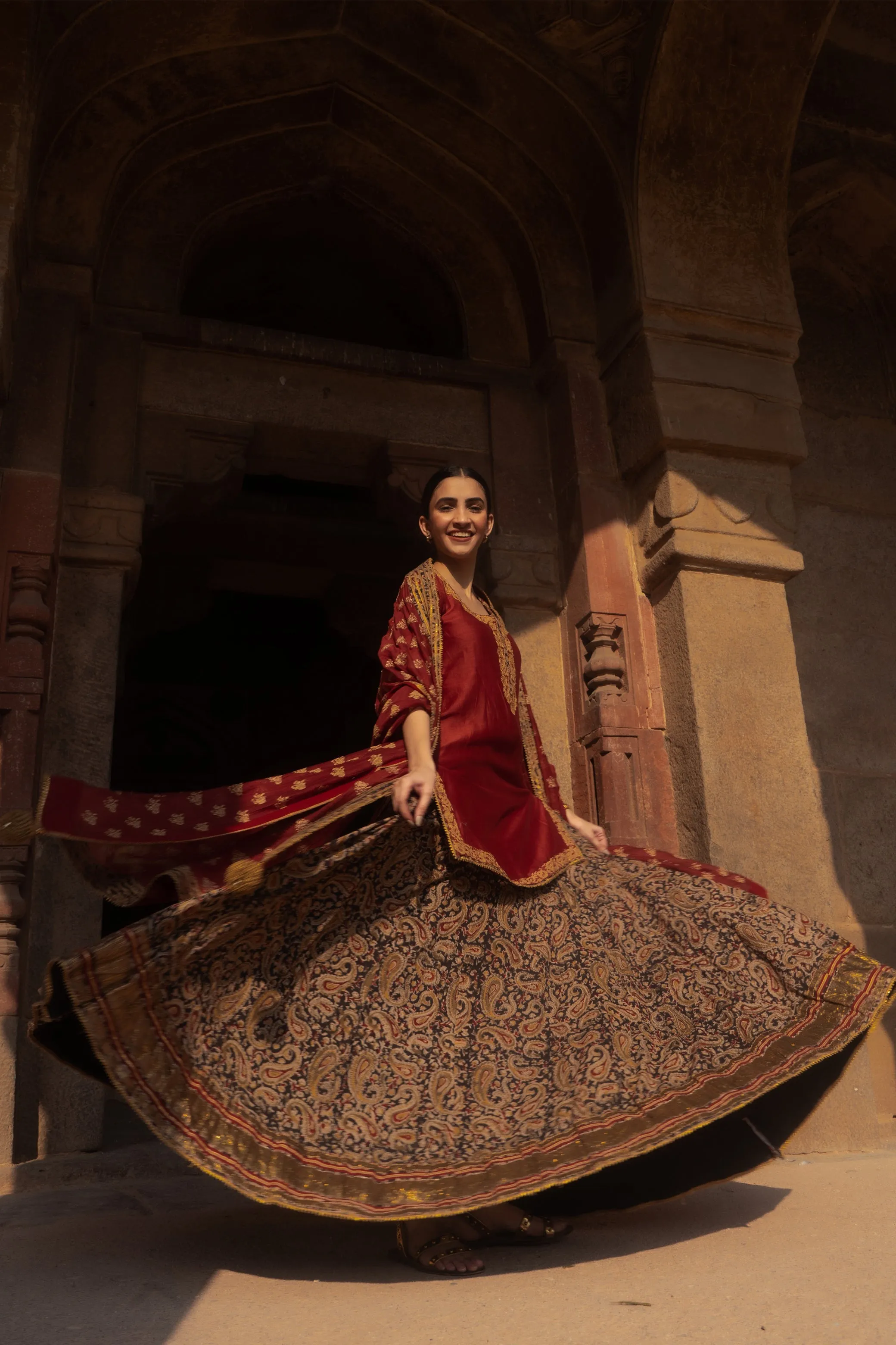 Ghera Maroon Kalamkari Lehenga Set