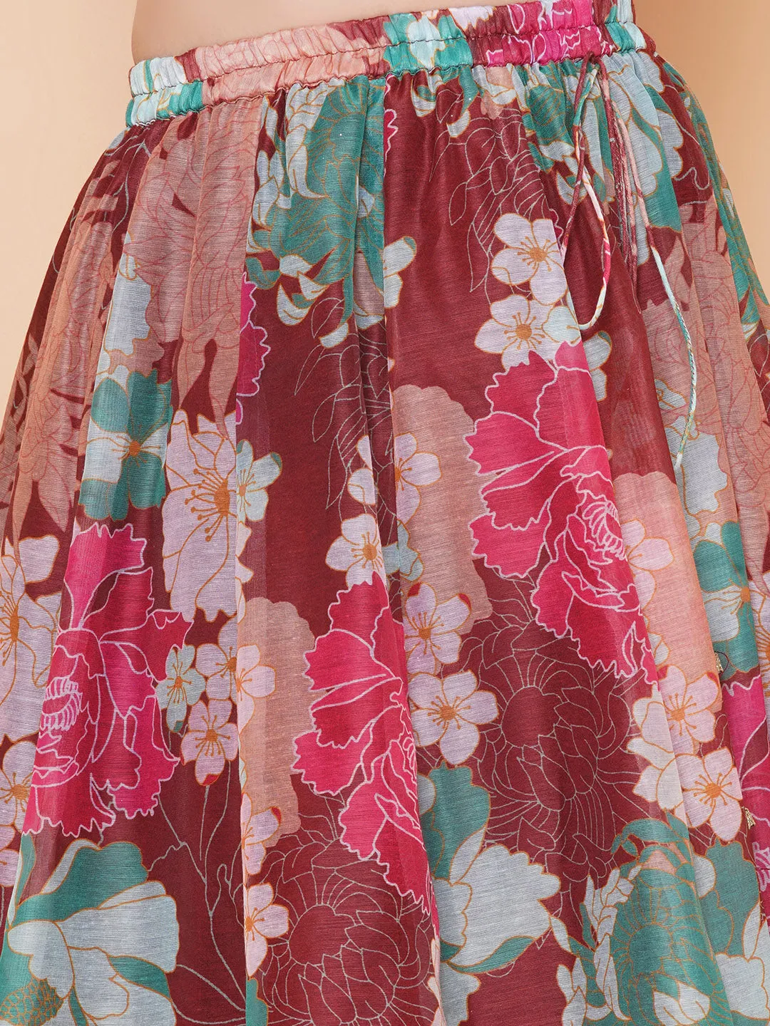 Girls Maroon Digital Multi Flower Printed Choli Lehenga with Maroon Dupatta