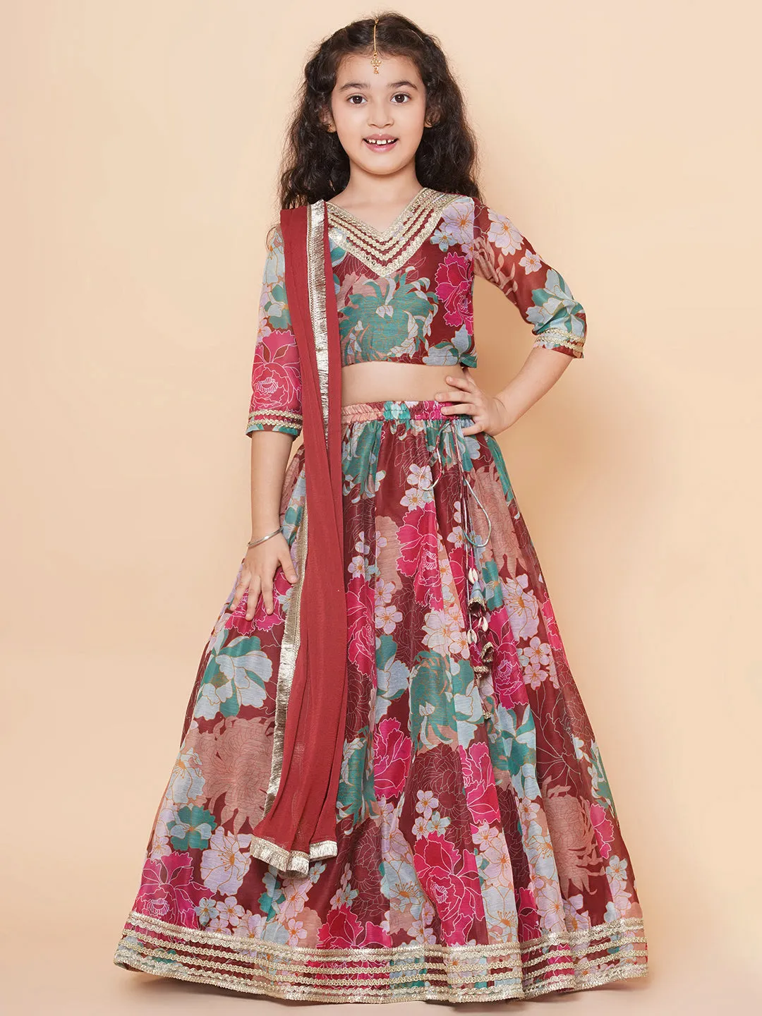 Girls Maroon Digital Multi Flower Printed Choli Lehenga with Maroon Dupatta
