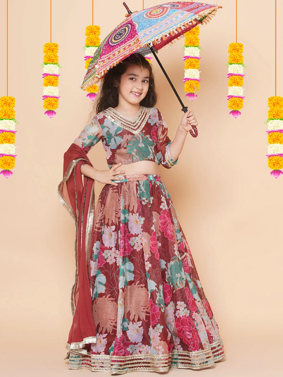 Girls Maroon Digital Multi Flower Printed Choli Lehenga with Maroon Dupatta