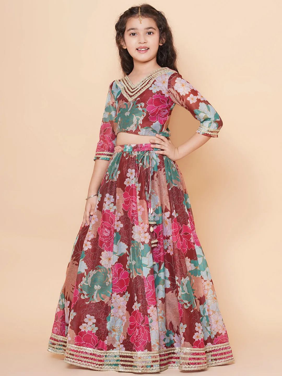 Girls Maroon Digital Multi Flower Printed Choli Lehenga with Maroon Dupatta