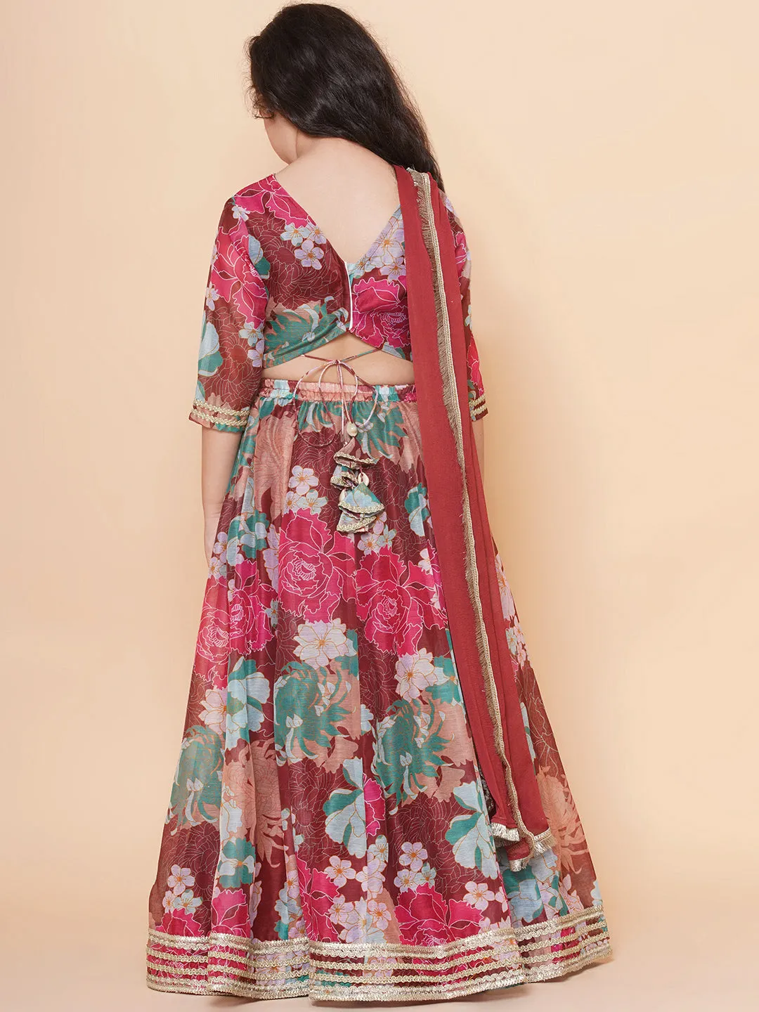 Girls Maroon Digital Multi Flower Printed Choli Lehenga with Maroon Dupatta