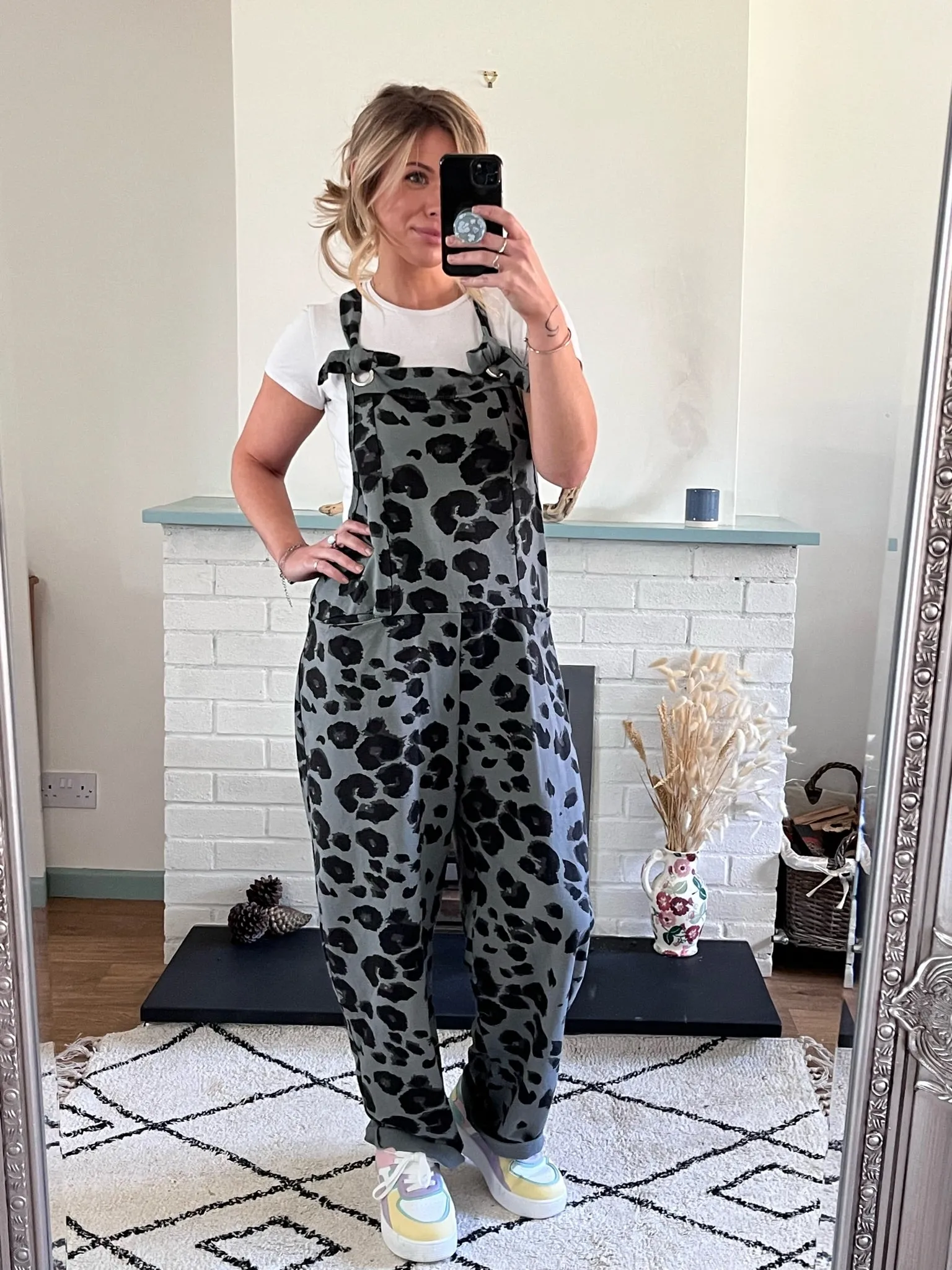 Grey Leopard Print Dungarees