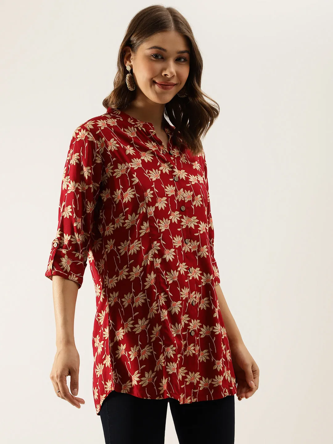 Jashvi Maroon Floral Printed Rayon Shirt type Top for Women
