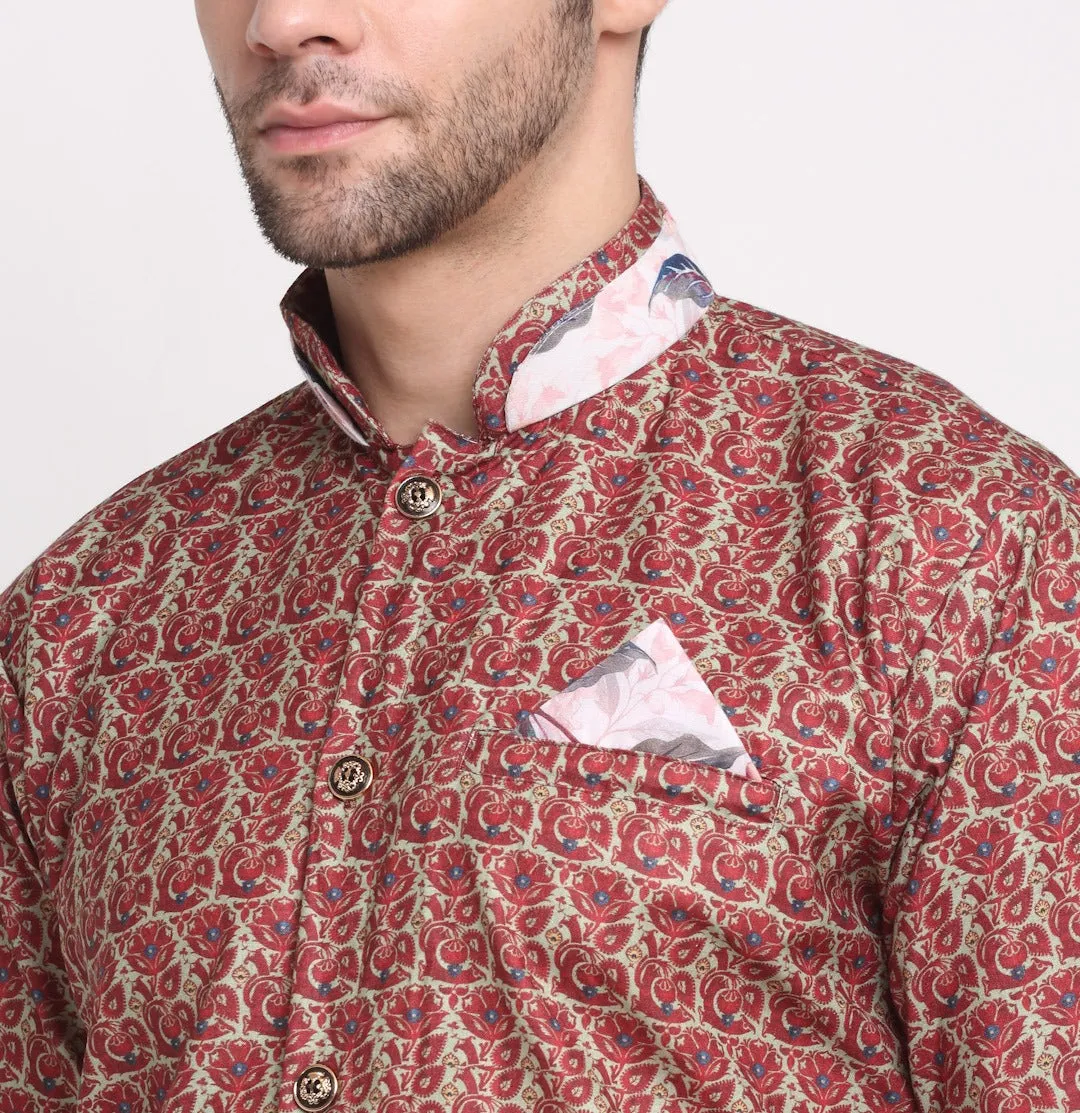 Men's Cotton Maroon & Beige Printed Straight Kurta - Benstoke