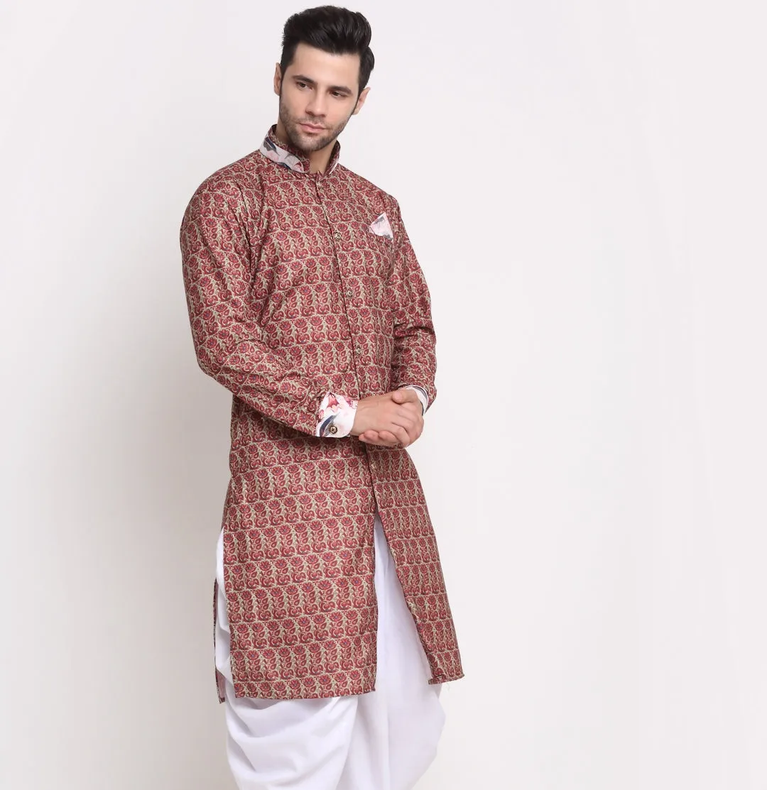 Men's Cotton Maroon & Beige Printed Straight Kurta - Benstoke