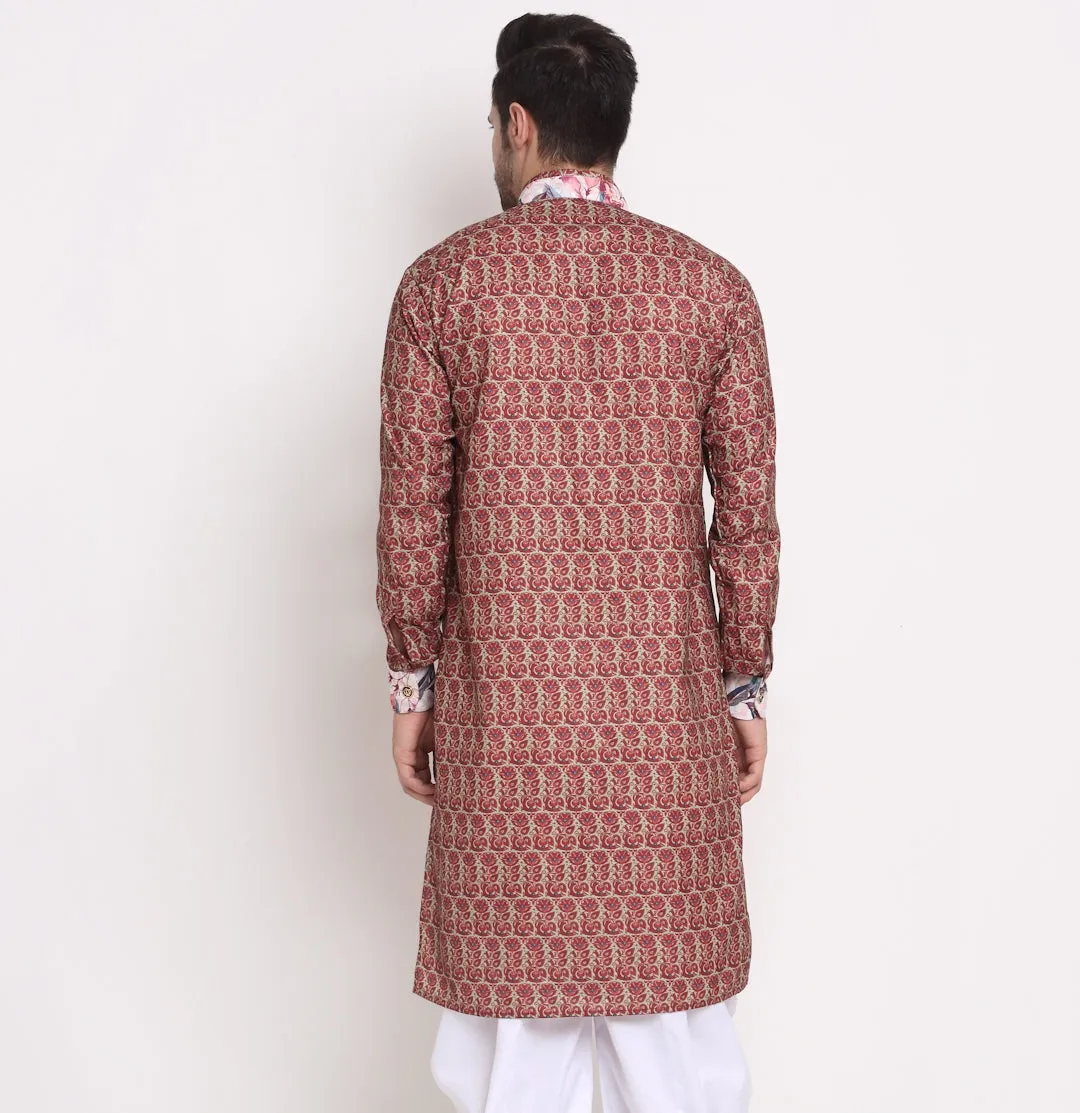 Men's Cotton Maroon & Beige Printed Straight Kurta - Benstoke