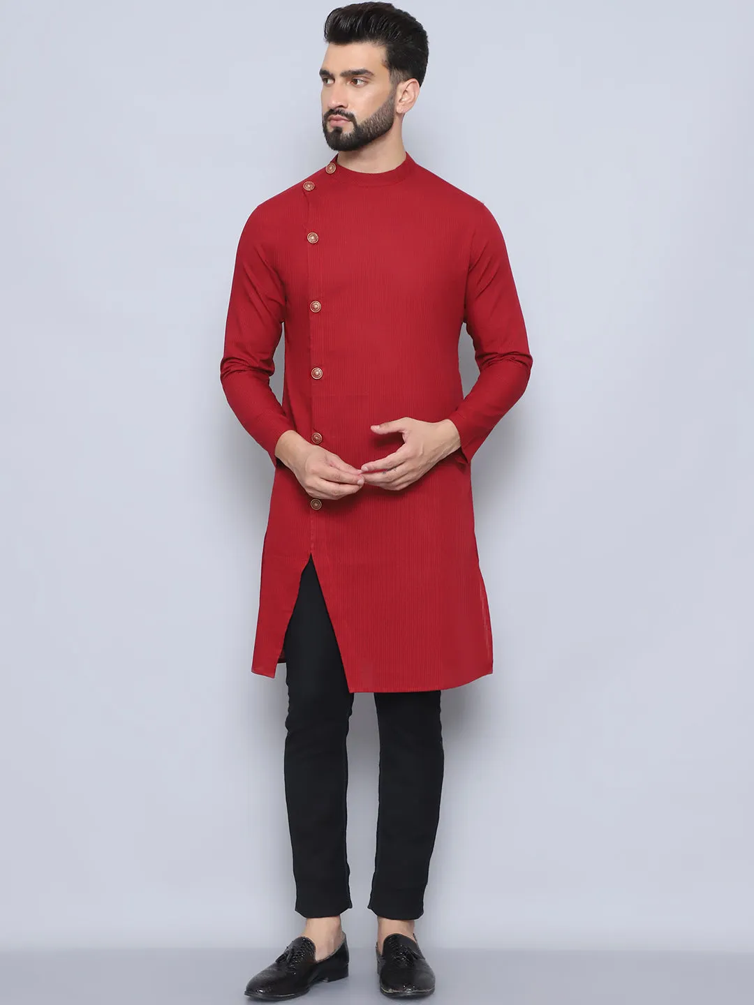 Men's Maroon Pure Cotton Sherwani Kurta - Even Apparels