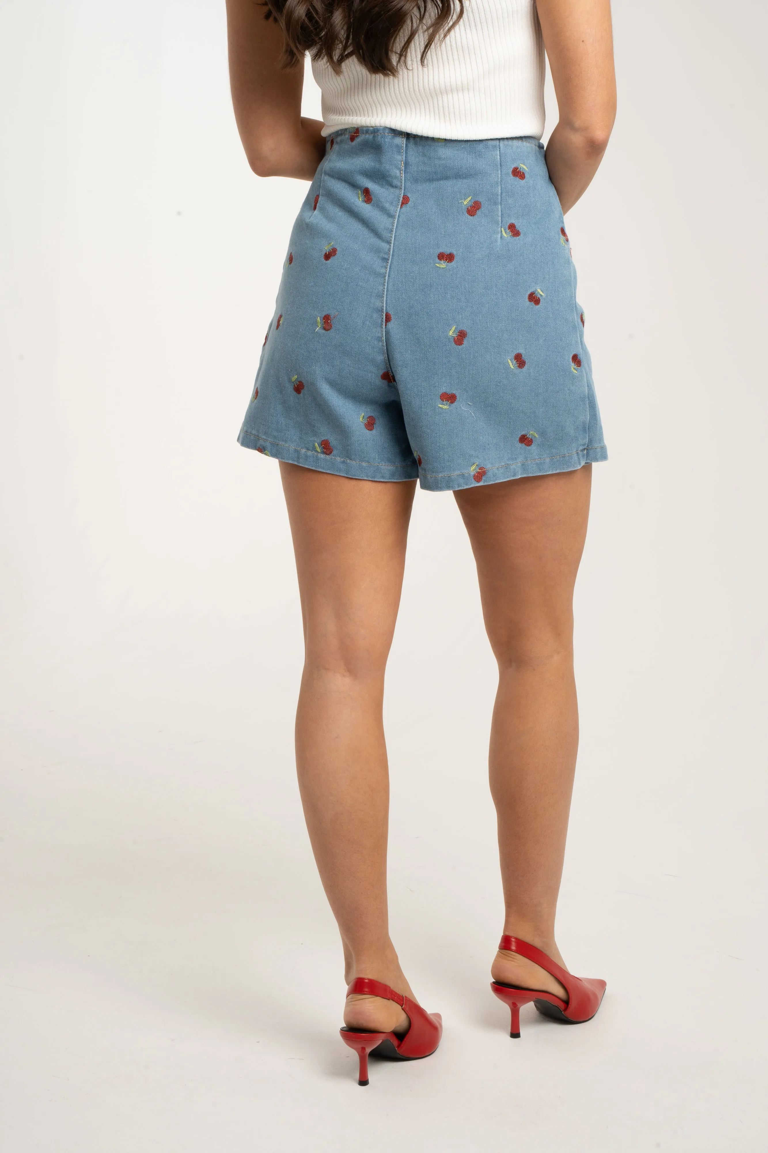 Millie Cherry Motif Skort In Denim