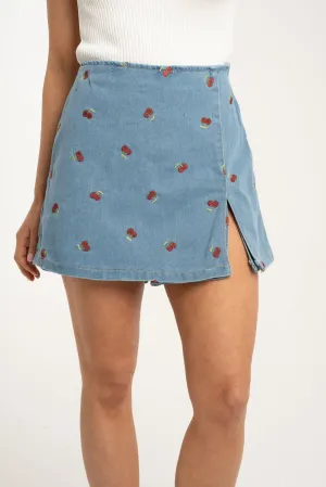 Millie Cherry Motif Skort In Denim