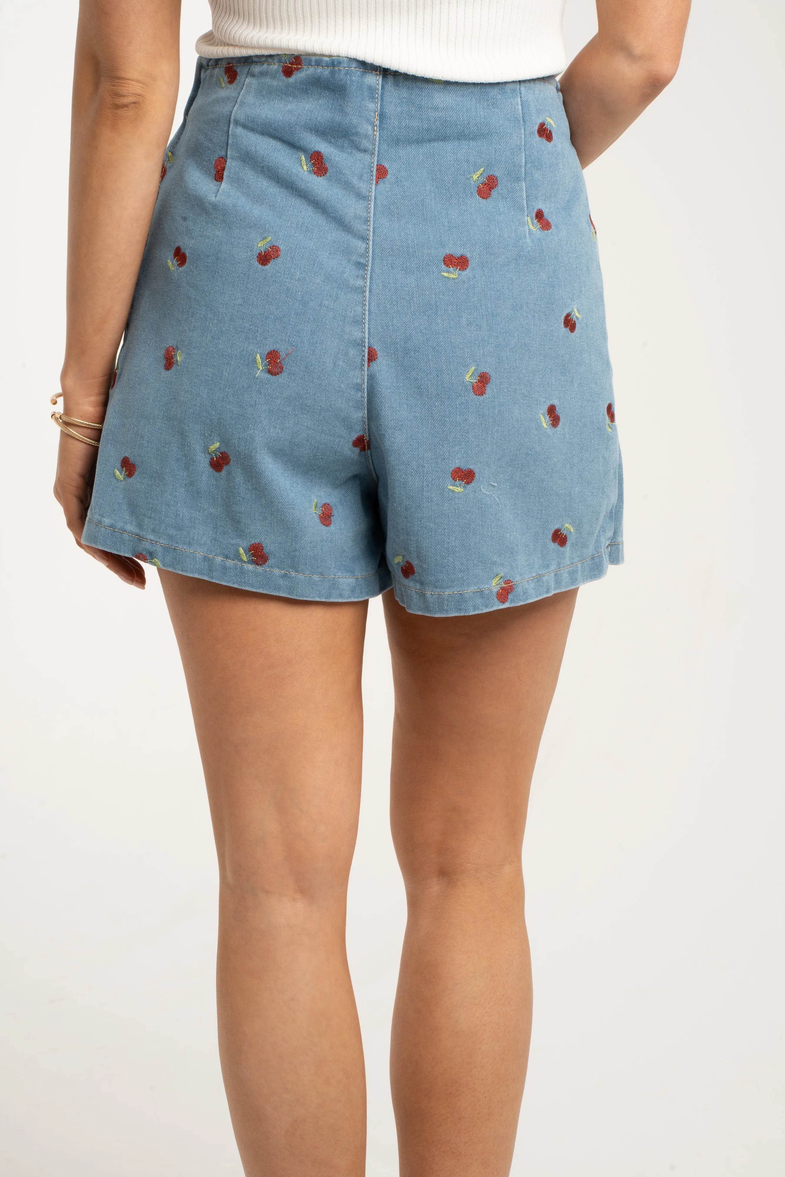 Millie Cherry Motif Skort In Denim