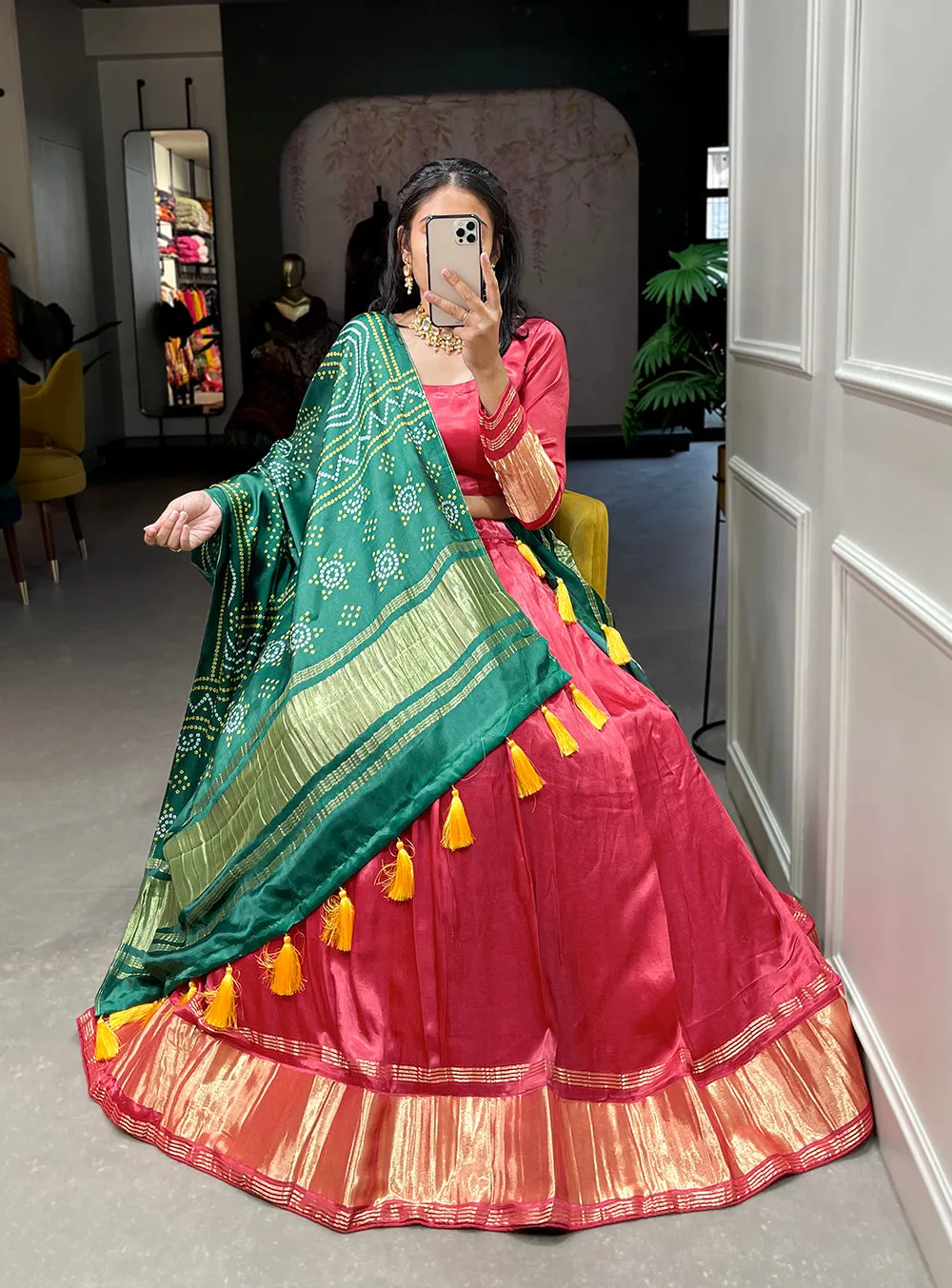 Salmon Color Dyeing With Lagdi Patta Gaji Silk Lehenga Choli