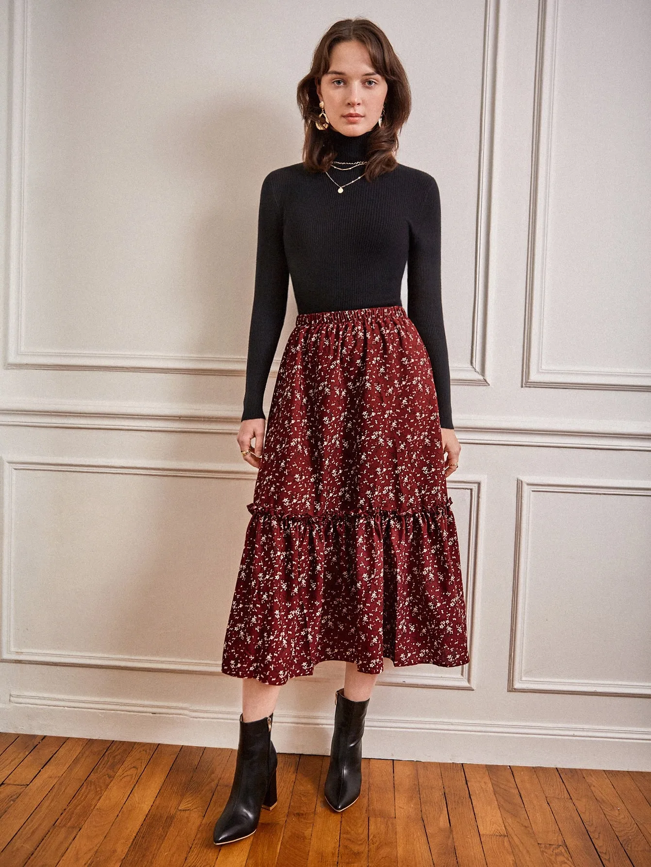 SHEIN Frenchy Ditsy Floral Frill A-line Skirt