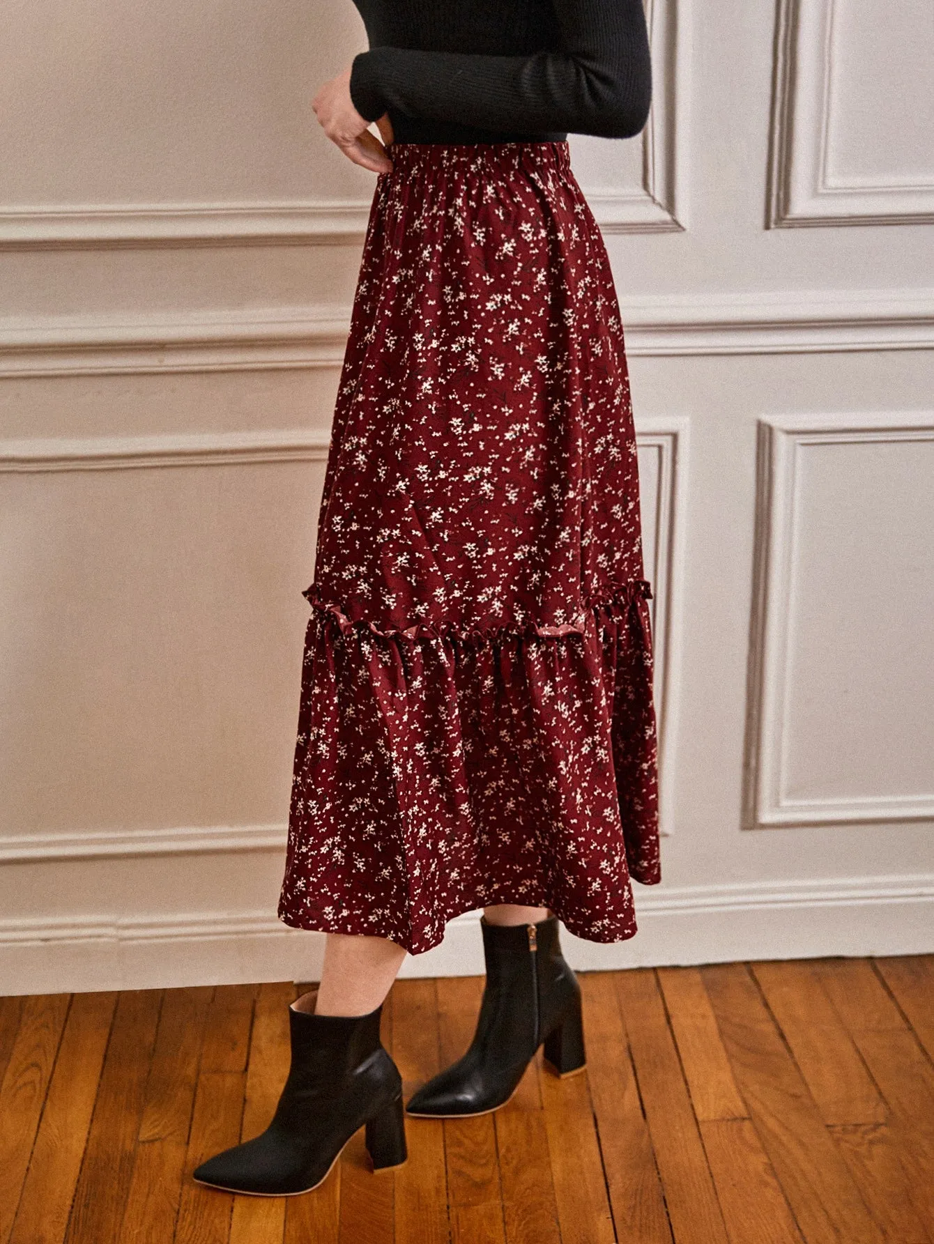 SHEIN Frenchy Ditsy Floral Frill A-line Skirt