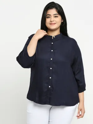 Style Quotient Plus Women Solid Navy Blue Viscose Rayon Formal Shirt