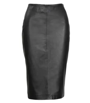 Women's Black Midi Leather Pencil Skirt with Back Slit