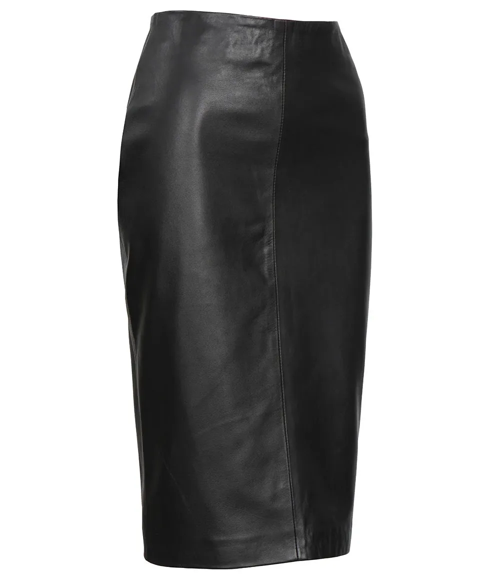 Women's Black Midi Leather Pencil Skirt with Back Slit